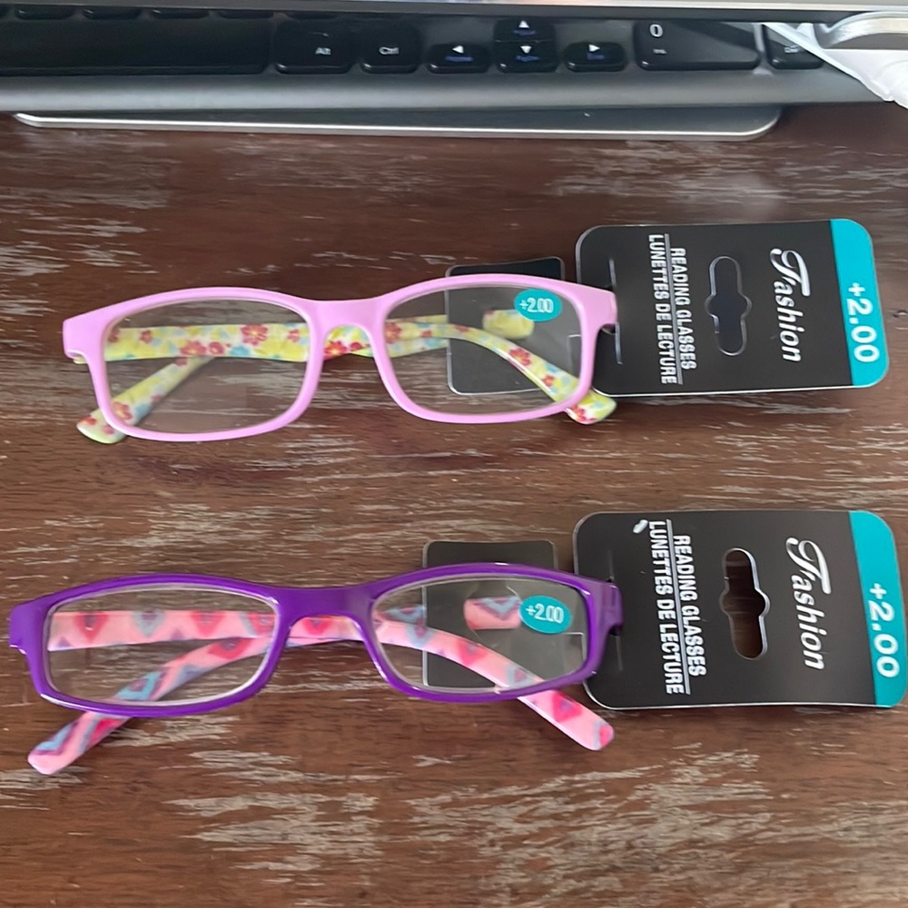 Fashion +2.00 purple & pink print & purple and yellow with flower print readers
